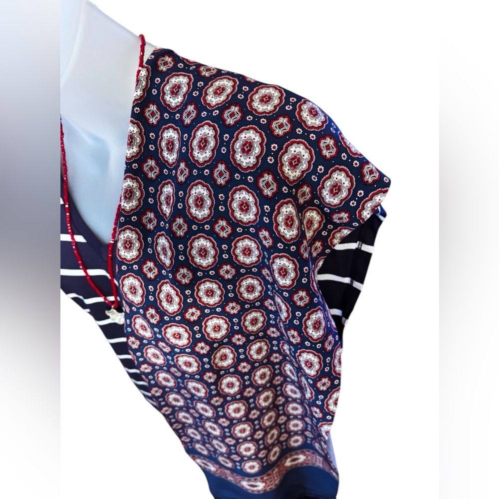 Dkny Navy and Red Patterned silk scarf with Fringe.